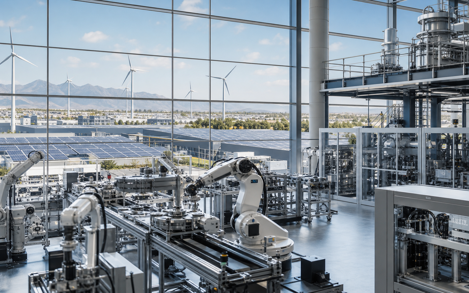 Automated manufacturing facility with solar and wind infrastructure