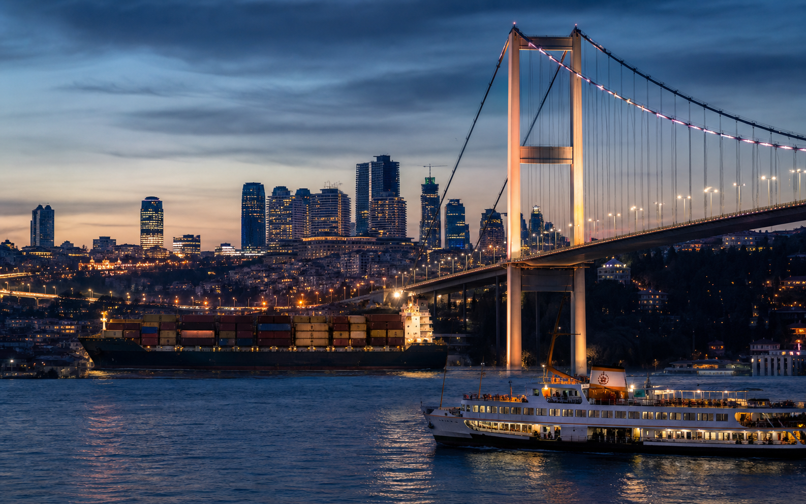 Istanbul skyline, bridge, cargo vessel and ferry on the Bosphorus