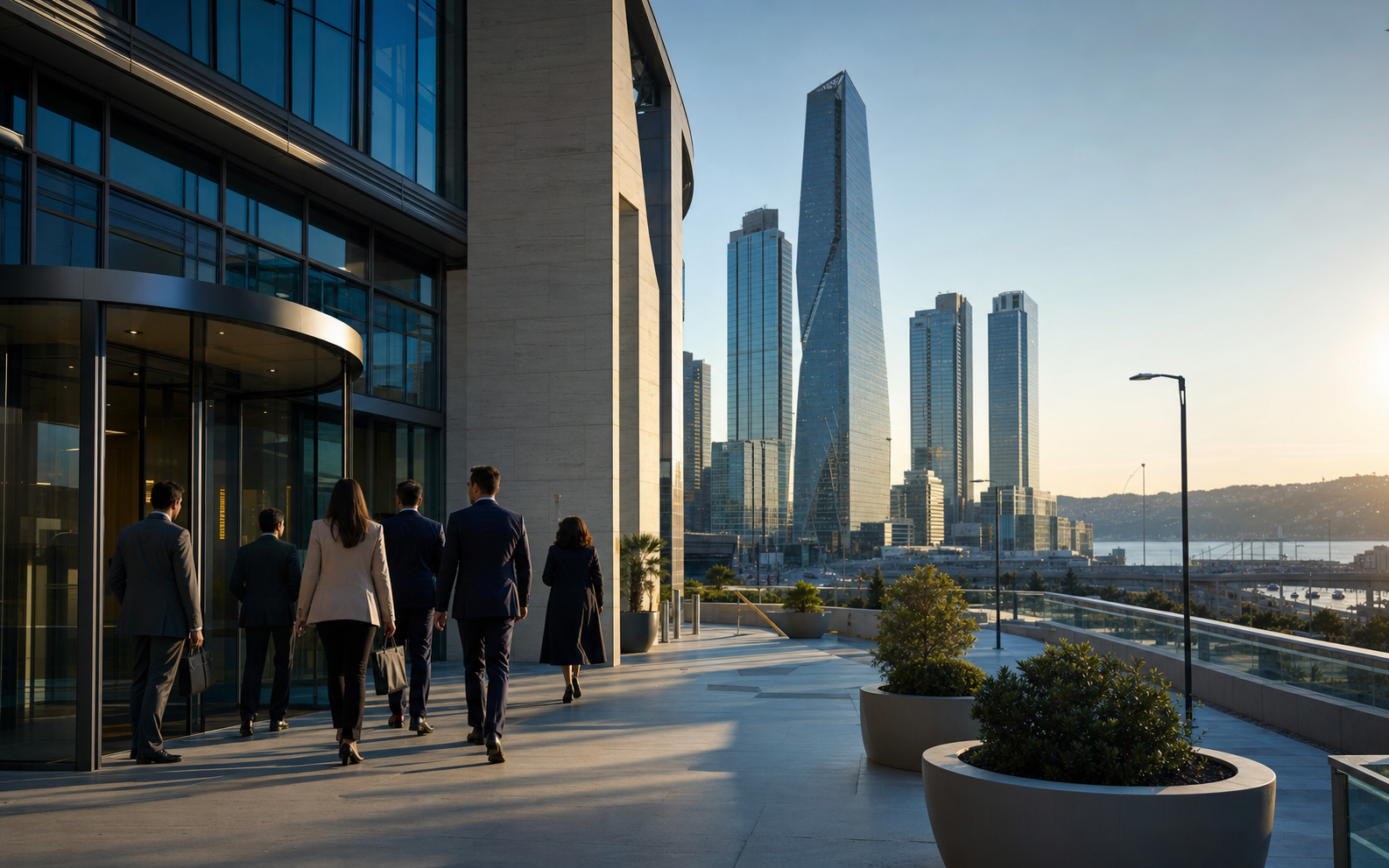 International executives entering a modern Istanbul business district