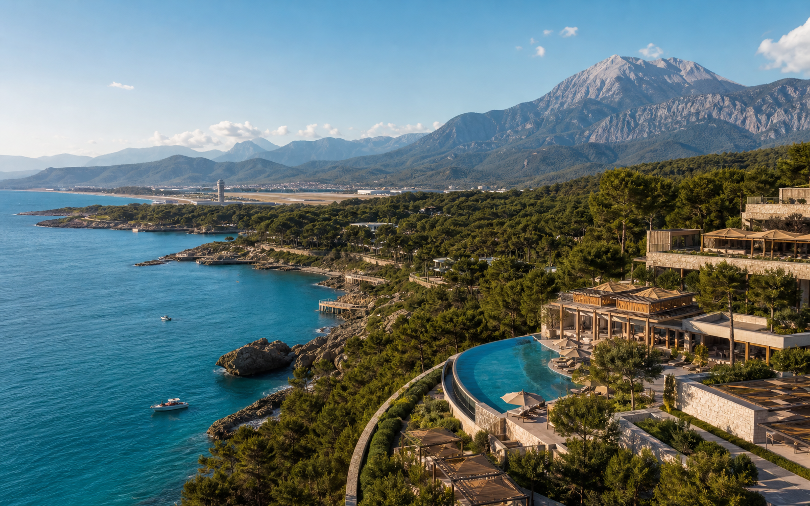 Mediterranean resort coast with the Taurus Mountains and airport infrastructure